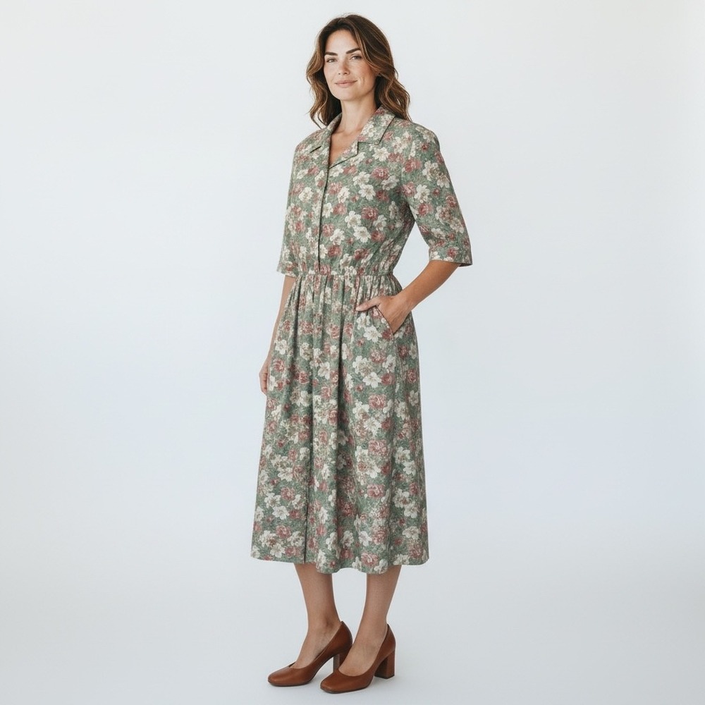 Vintage Floral Midi Shirt Dress Green Pink Button Front Elastic Waist Pockets